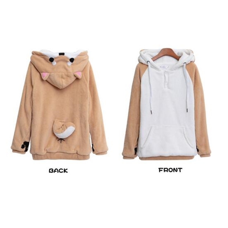 Shiba Inu Doge Kawaii lovely Velvet Long-sleeved Hooded Plush Coat Cartoon Anime Style Warm lady Winter Sweatshirt Christmas 201203