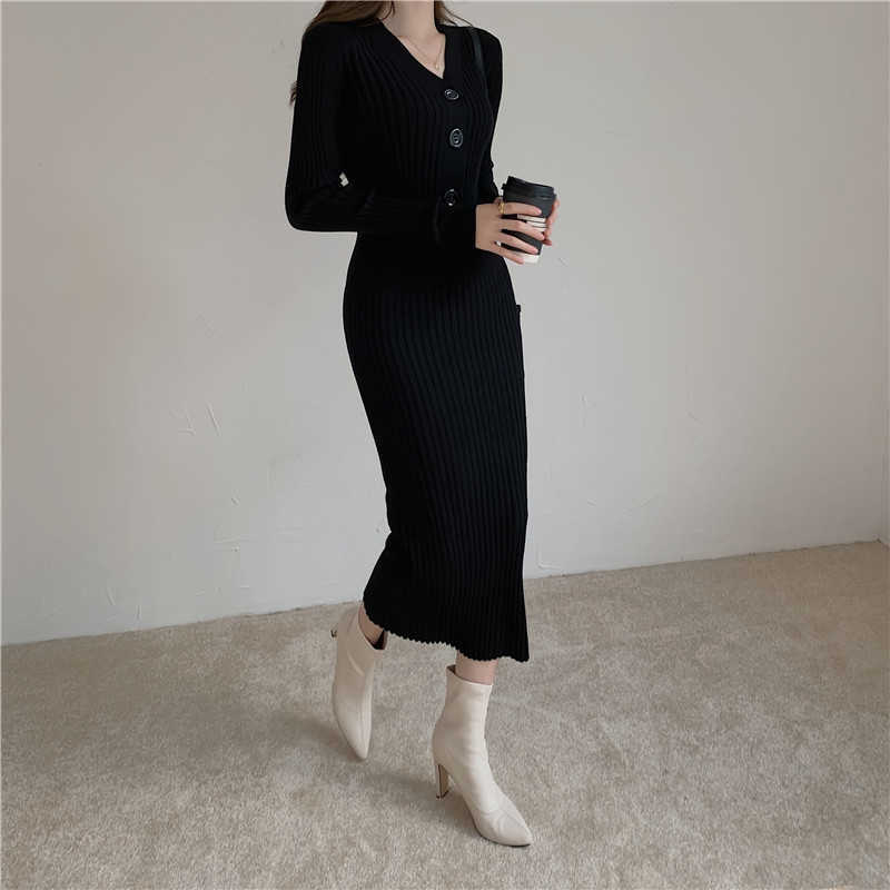 Yedinas Korean Sweater Dress Women Knitted Sweaters Dresses V-neck Bodycon Midi Button Decor Slim Long Sleeve Vestidos Elegantes 210527