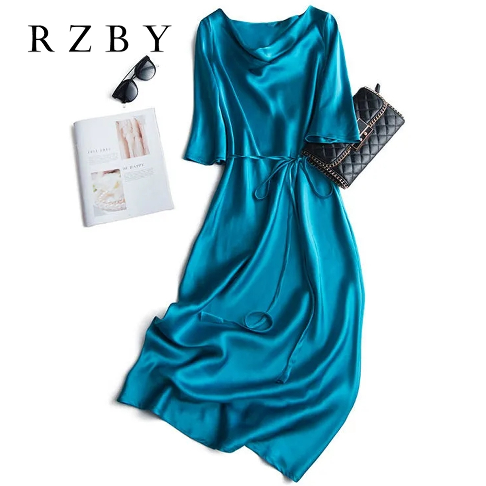 Sexy Silk Spaghetti Half sleeve Lace-up Summer Dress Women Satin Long Dress Elegant Party Dresses Plus Size RZBY098 210309
