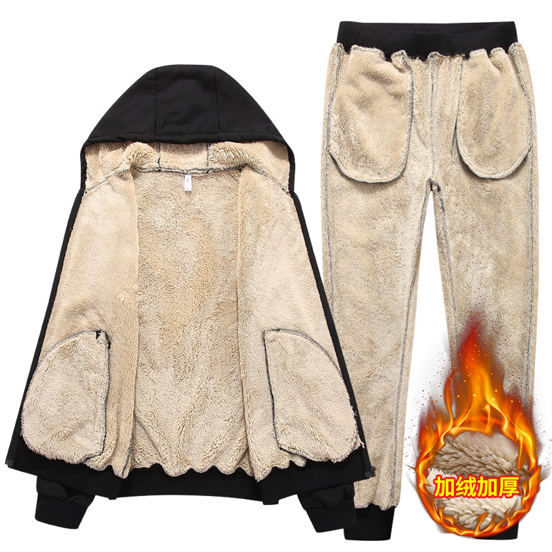 Casual Cashmere Track Suit Winter Men Tracksuit Thick Fleece Two Piece Set Pure Color Men's Set Warm Velvet Hoodies Pants Suit 201210