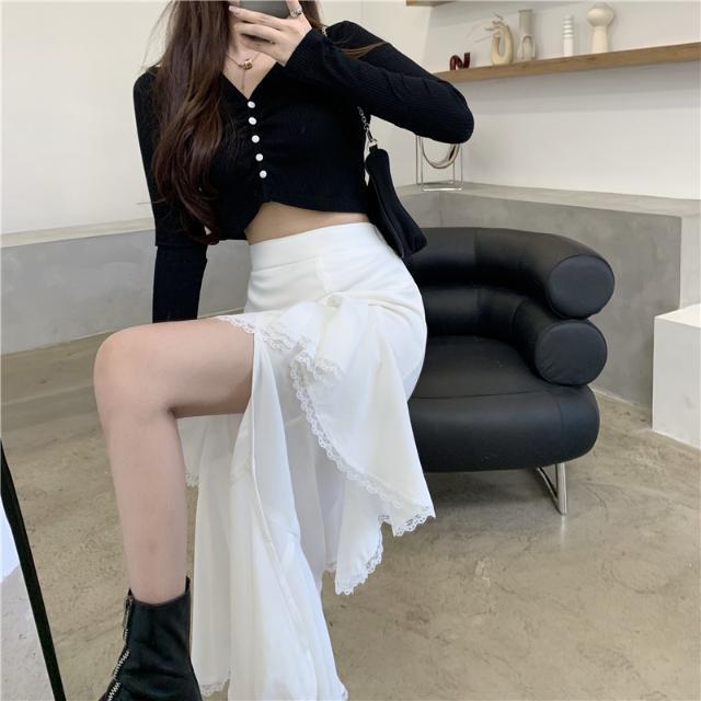 Midi Skirt Women Chic Irregular Harajuku Skirt Casual Cool Split Lace Ruffles Skirts Summer Autumn Women's Clothing New 210309