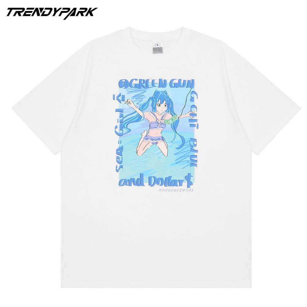 Men T Shirt Hip Hop Streetwear Anime Girl Painting Print T-Shirt Summer Short Sleeve Harajuku Cotton Oversized Tshirt Tops 210601