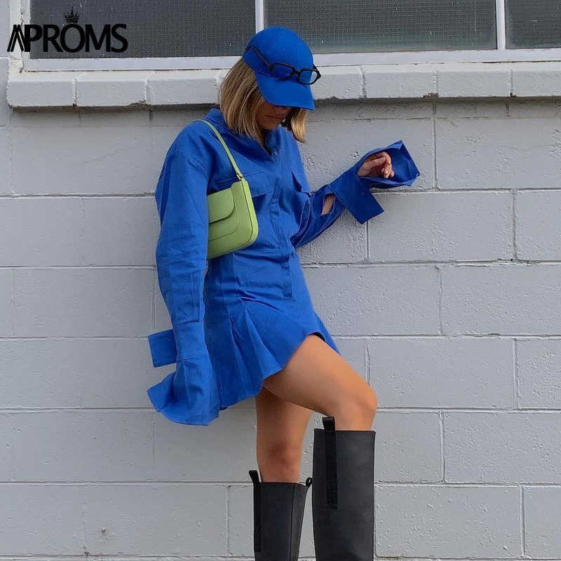 Aproms Elegant Blue Cotton Shirt Dress Women Spring High Fashion Solid Color Flared Sleeve Bodycon Mini Dresses OL Vestidos 210630
