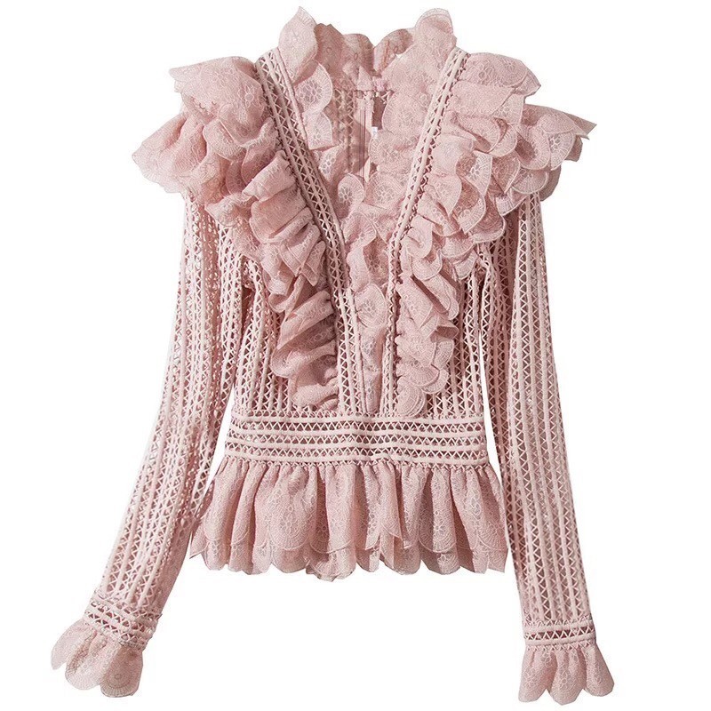 2021 New Runway Self Portrait Women Lace Hollow Out Layers Ruffles Shirt Blusas Vintage Sexy Ladies Blouse Flare Sleeve Tops 210225