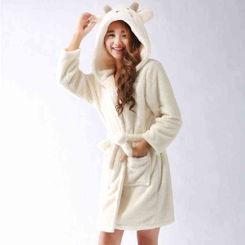Kigurumi Spring Autumn Hooded Women Bathrobe Cartoon Bath Robe Szlafrok Animal Warm Dressing Gown Soft Women's Sleepwears Robes 211130