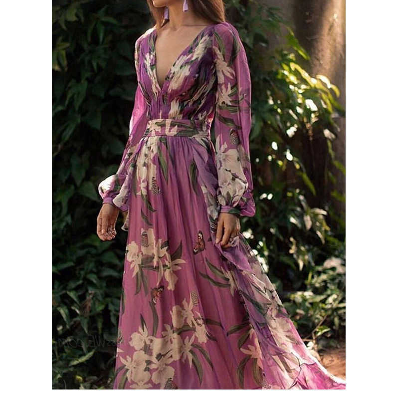 Women Dress Deep V Neck Puff Sleeve Print es Long Large Hem Bohemia Sexy Floral Maxi es 210524