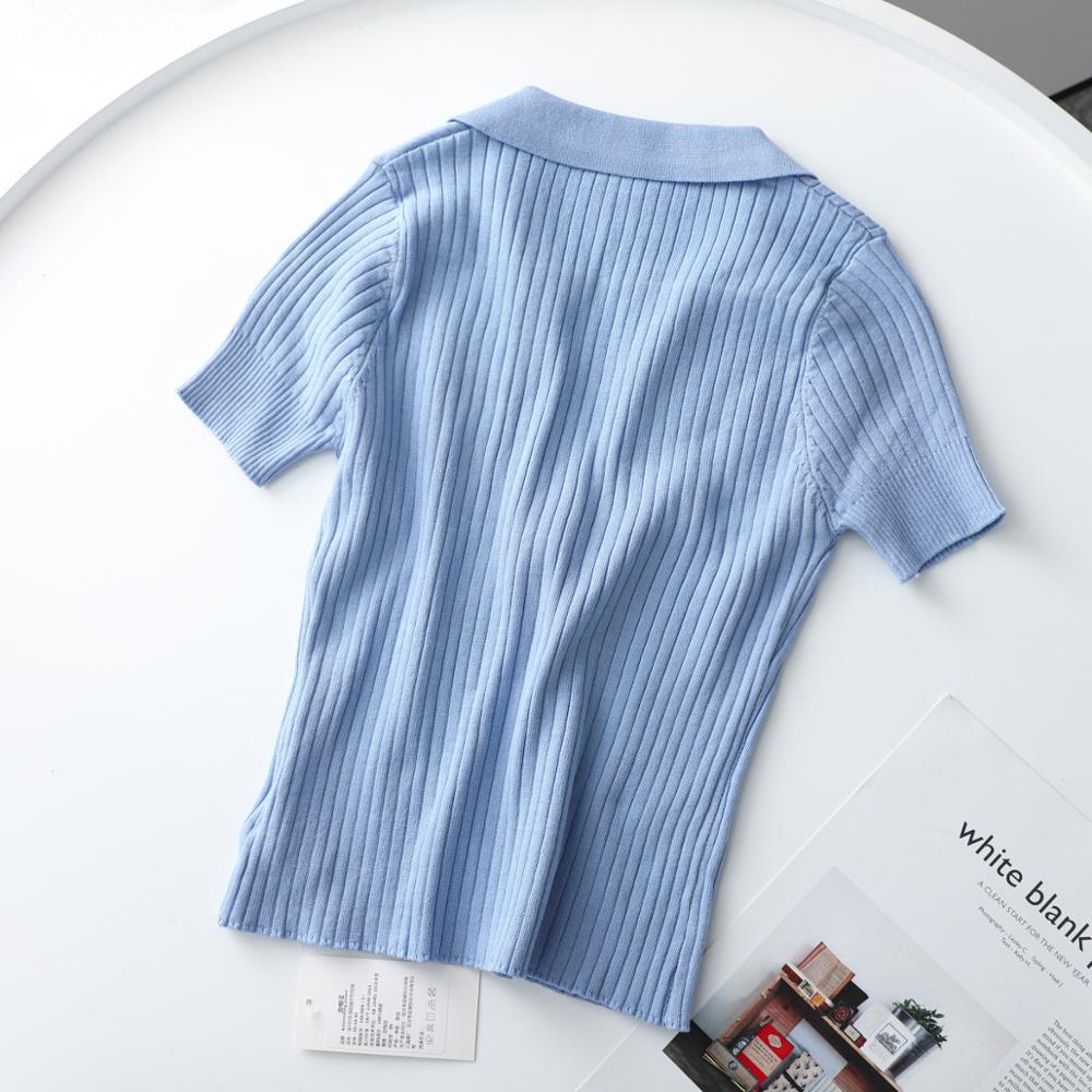 ITOOLIN Summer Vintage Polo Shirts Women Sexy Top Cropped Rib Short Sleeve T-shirts Solid Slim Fit Female Tees Mujer Camisetas 210306