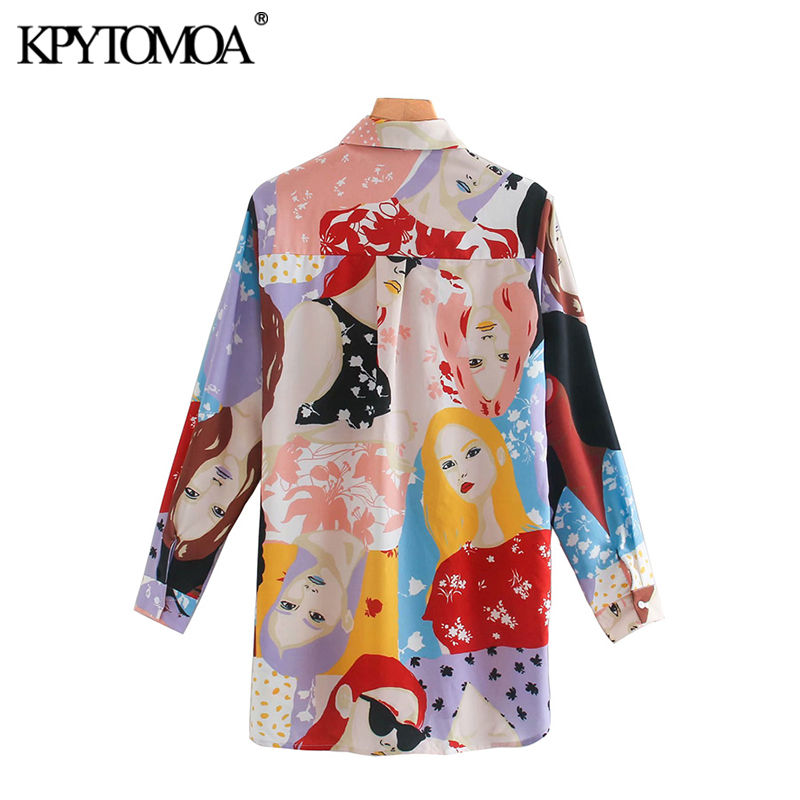 KPYTOMOA Women Fashion Character Print Loose Blouses Vintage Long Sleeve Button-up Female Shirts Chic Tops 210225