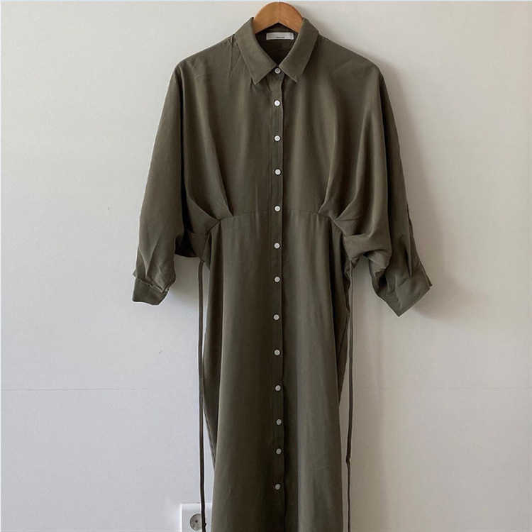 Solid Simple Turn Down Collar Single Breasted Lace Up Waist Lantern Sleeve Shirt Dresses for Women 210615