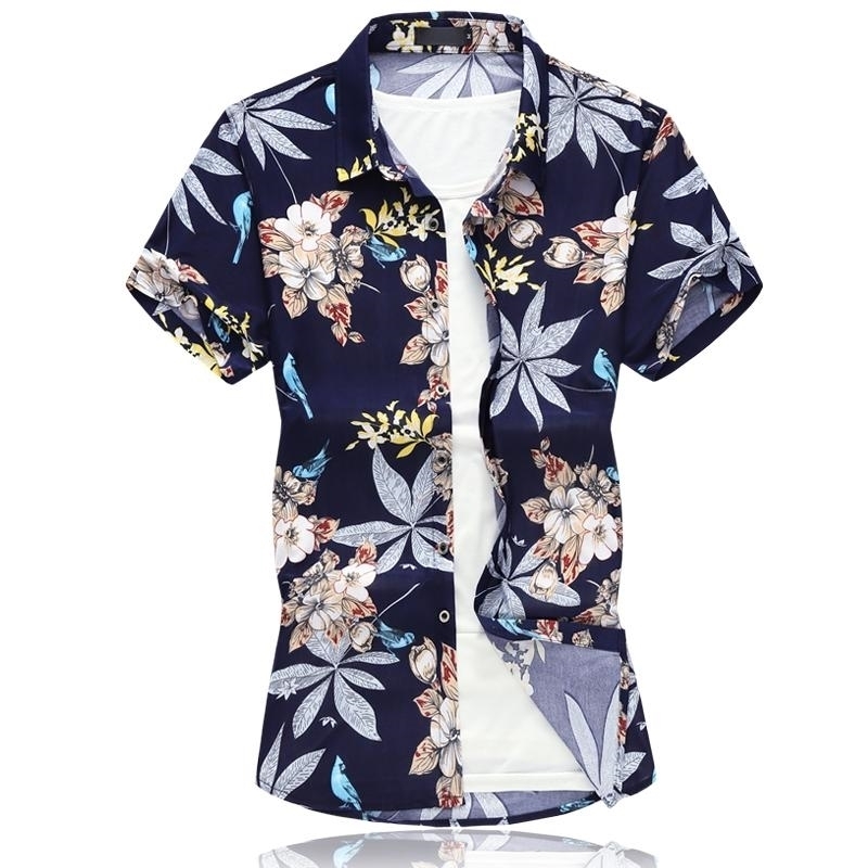 Social Shirt Men Short sleeve Floral Mens Dress Shirts Flowers Hawaiian Style Blouse Menswear Summer Navy Black New
