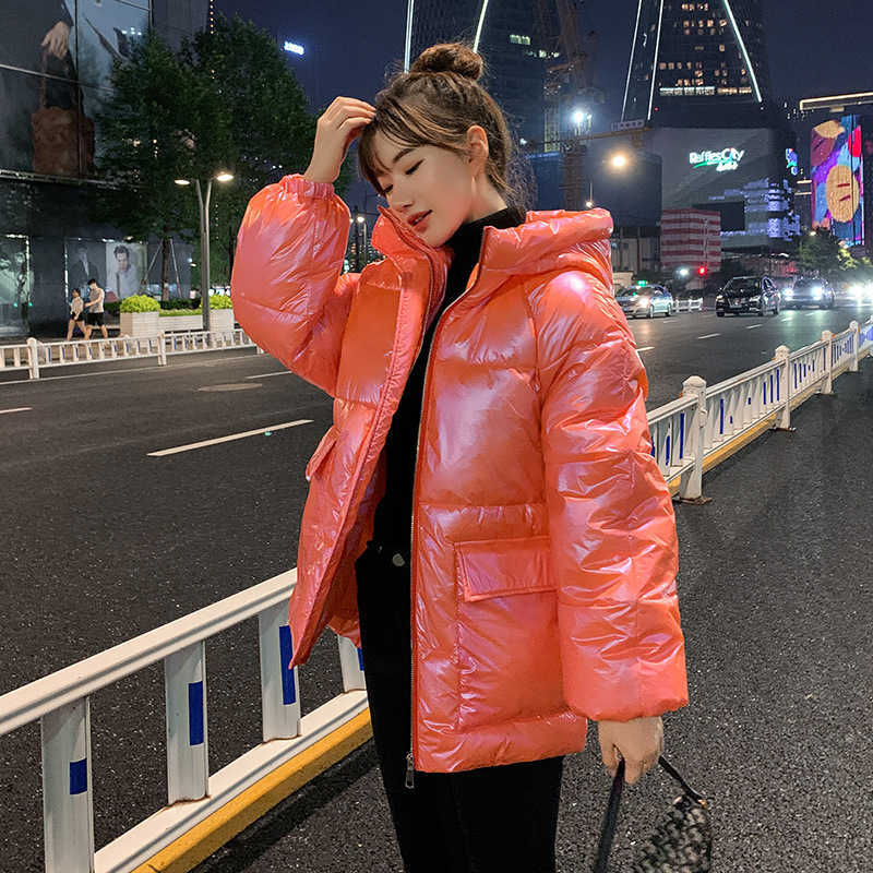 LY VAREY LIN Winter Sweet Glossy Cotton Coat Women Stand Collar Candy Big Pocket Long Sleeve Solid Loose Padded Jackets 210526