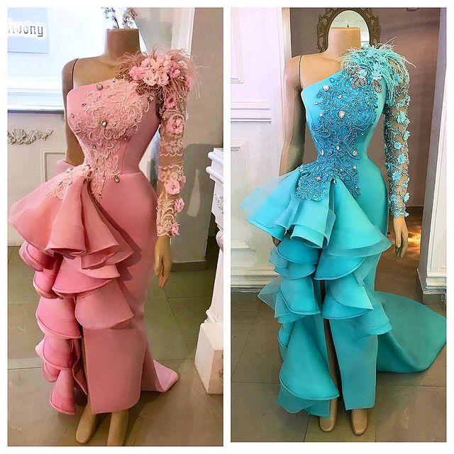 One-shoulder Ruffles Slit Skirt Prom Dresses Blue Fuchsia Lace Beaded Floral African Arabic Aso Ebi Lace Occasion Evening Dress
