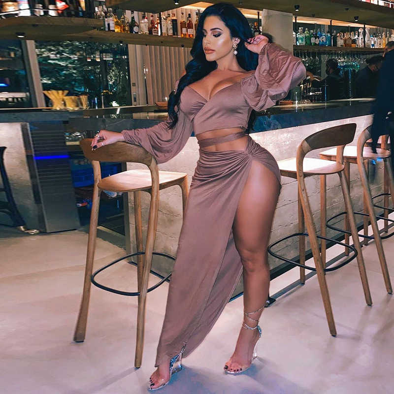 DEAT Spring Arrivals Long Sleeve V-neck Lace Up Top High Waist Split Fashion Women Long Dress Two Piece Set MZ894 210709