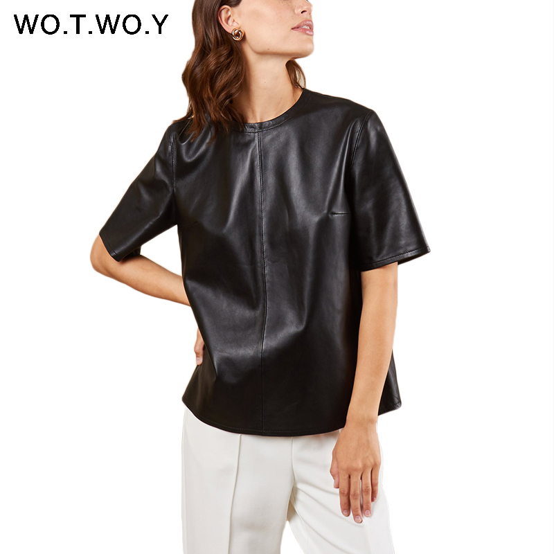 WOTWOY Spring Summer faux leather Women Tshirt Back Zipper Casual Faux Leather Black Female Tshirt Oneck Tops Women T200614