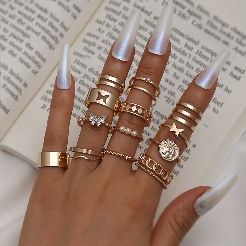S2625 Fashion Jewelry Knuckle Ring Set Hollow Out Butterfly Geometric Round Stacking Rings Midi Rings Sets 15pcs/set