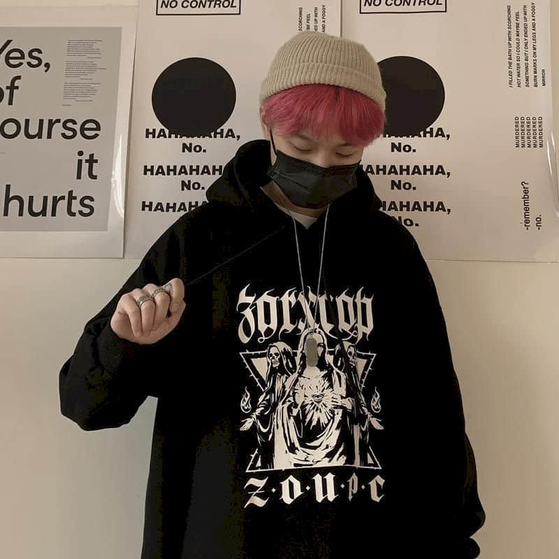 Autumn winter gothic hoodies men clothes punk tops Korean ins retro dark character print loose plus velvet hooded sweater coat 201103