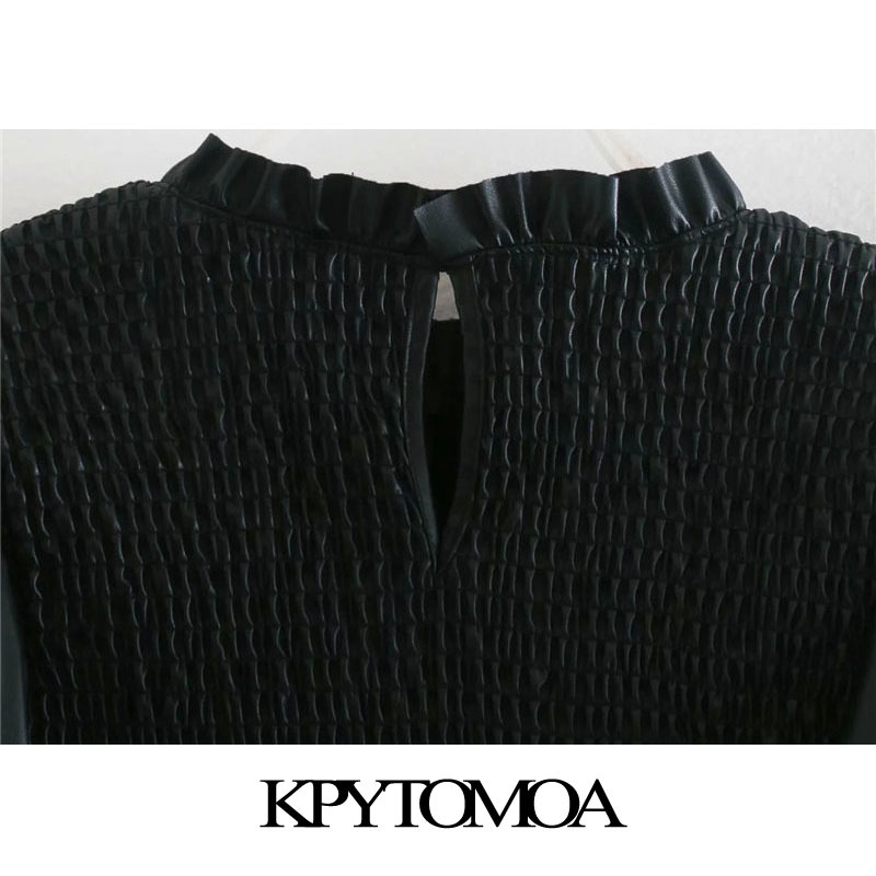 KPYTOMOA Women Fashion Faux Leather Elastic Smocked Cropped Blouses Vintage Three Quarter Sleeve Ruffled Female Shirts Chic Tops 210225