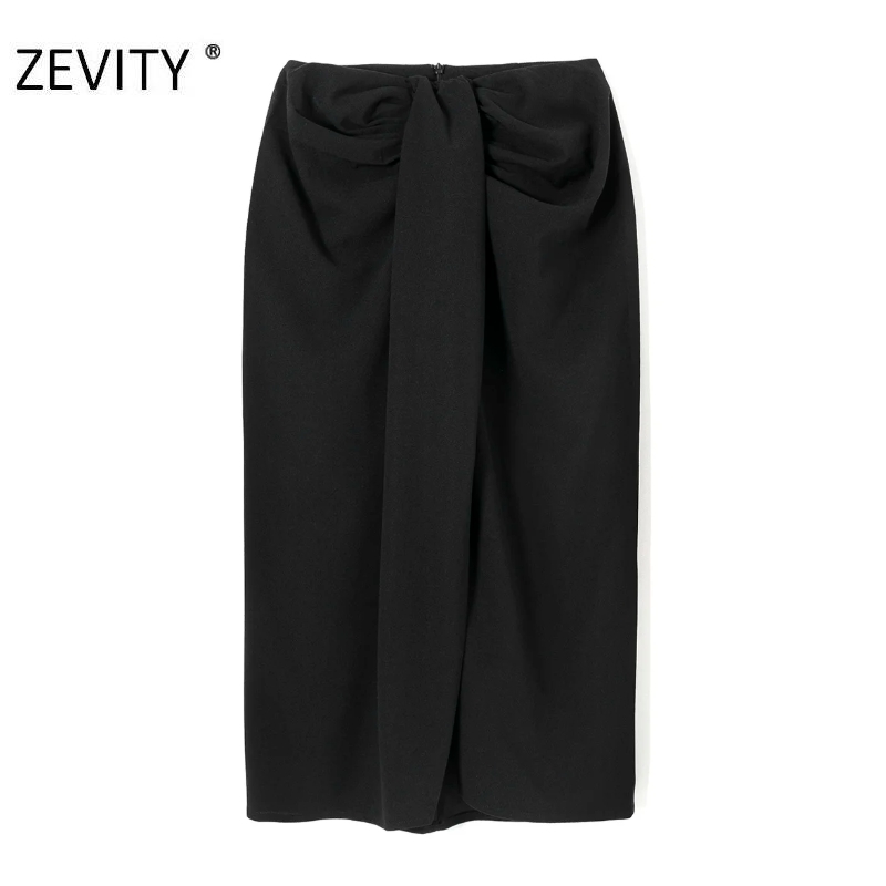 Zevity Women fashion black white color knotted split casual slim A line skirt faldas mujer ladies chic back zipper skirts QUN687 210309