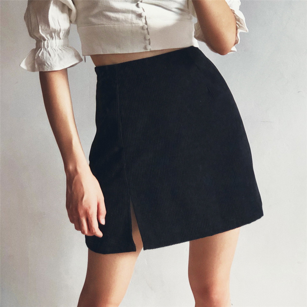 Autumn Winter Ins Net Red High Waist Women's Clothes Corduroy Half-length Skirt Pure Color Vent A Short Skirt Girl 210306