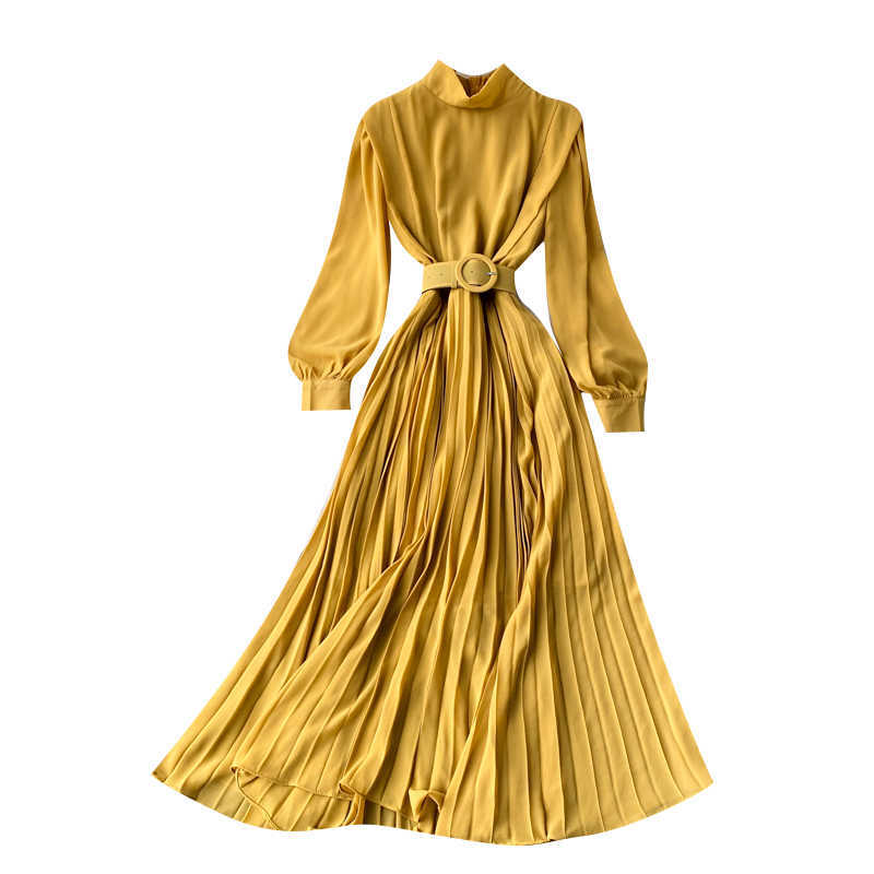 Spring And Summer Solid Color Sundresses Women's Dress Light Elegant Holiday Orange Pleated Chiffon Maxi Dress Femme Robe 210630