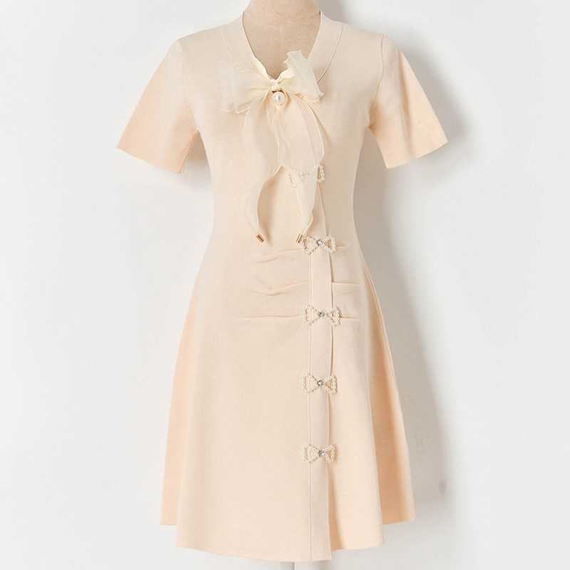 Summer Beading Bow Decoration Female V-neck Silm Waist Knit Woman Dress Elegant Sweet Fresh Dresses for Women 210525