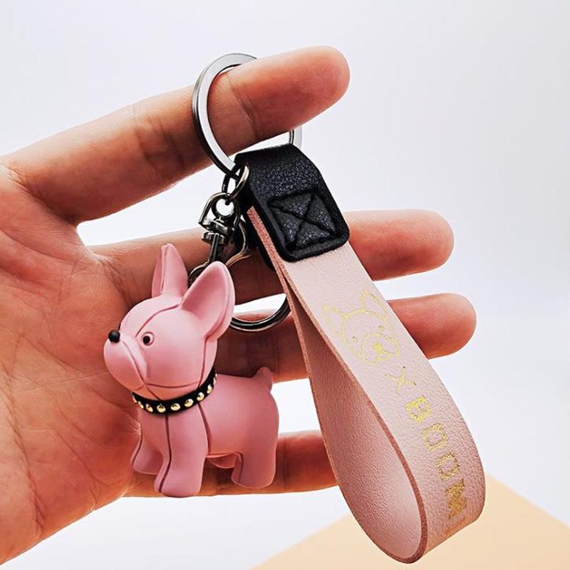 Cartoon Fighting Dog Keychain for Women Man Pendant Car Leather Key Ring Christmas Gift