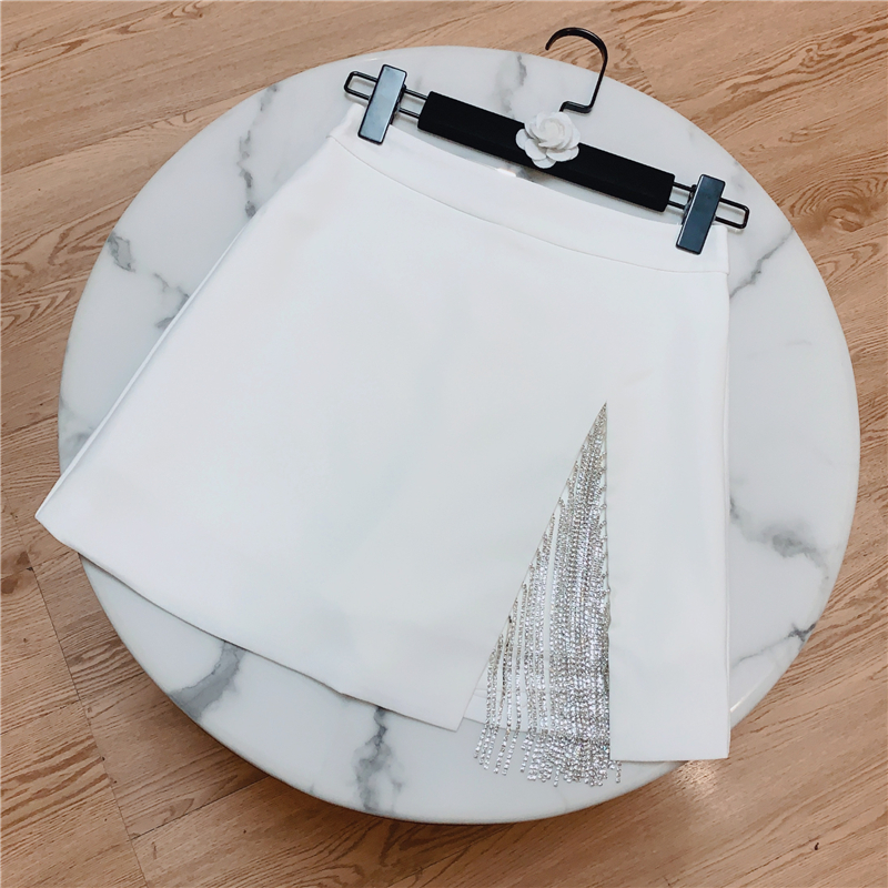 DEAT Summer Arrival Casual Black And White Rhinestones Tassel High Waist A Line Short Skirt Women SE232 210306