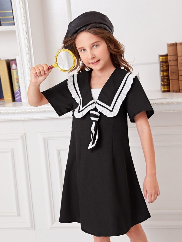 Girls Sailor Neck Tie Front Dress SHE