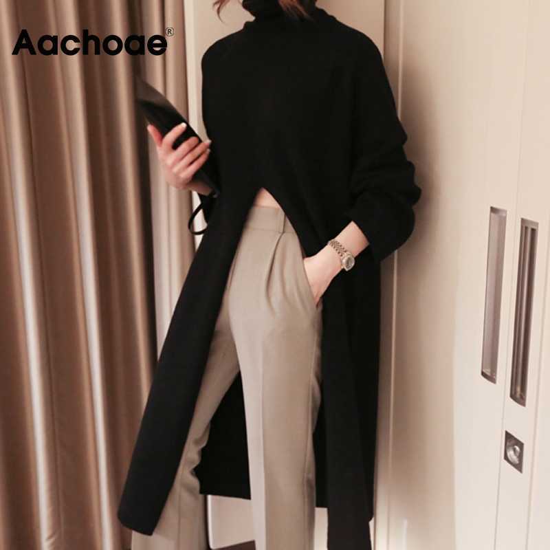 Aachoae Fashion Knitted Turtleneck Long Sweater Women Front Split Office Solid Pullover Autumn Winter Elegant Jumper Sweaters 210914