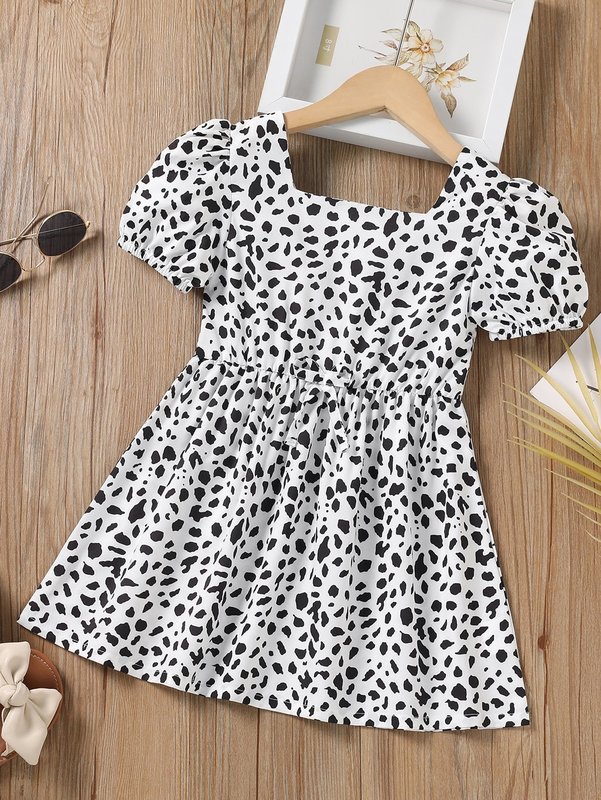 Toddler Girls Dalmatian Print Puff Sleeve Bow Front Dress SHE