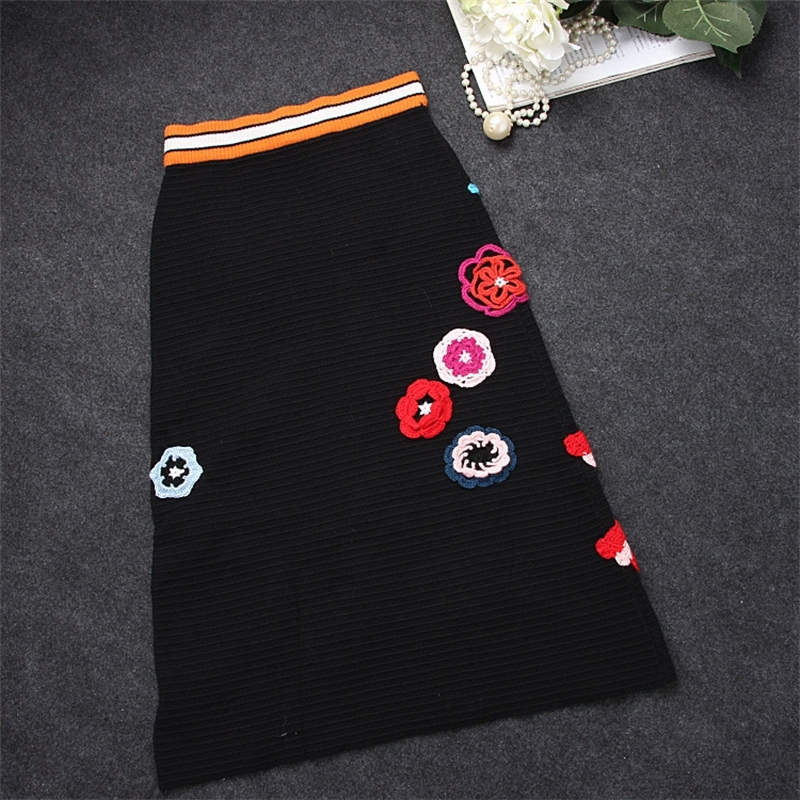 3D Flowers Aapliques Midi Pencil Skirts Womens Fashion Runway Elegant Sweater Skirt Winter High Waist Knitting Midi Long Skirt T200113