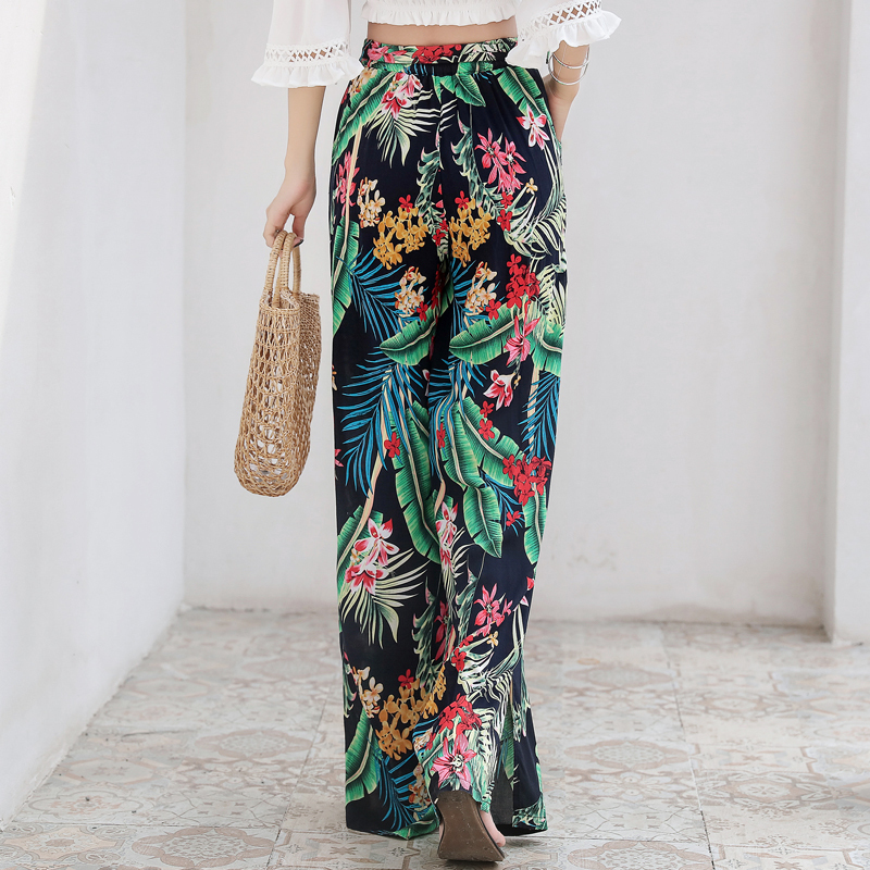 Woherb Bohemia Wide Leg Cotton Silk Pants Women Plus Size Floral Print Boho Pant Bow Bandage Trousers Seaside Holiday Beach Wear 201012