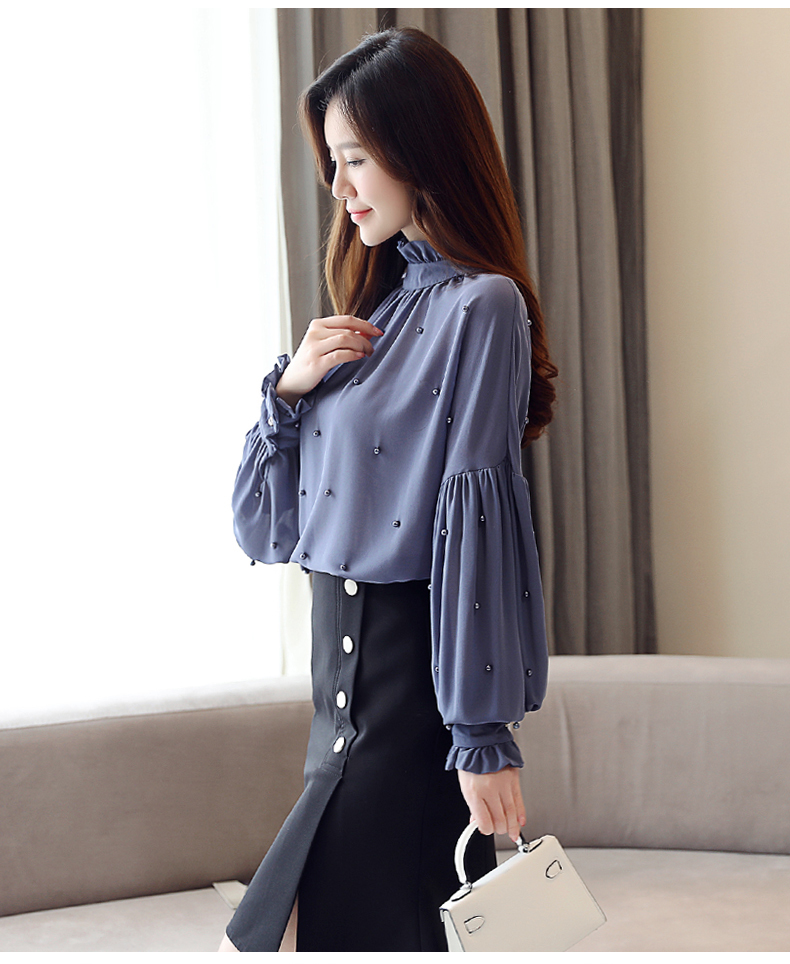 Fashion Chiffon Women Blouses Shirt Long Sleeve Solid OL Blouse Women Tops Elegant Beading Causal Top Female Blusas 0781 30 210225