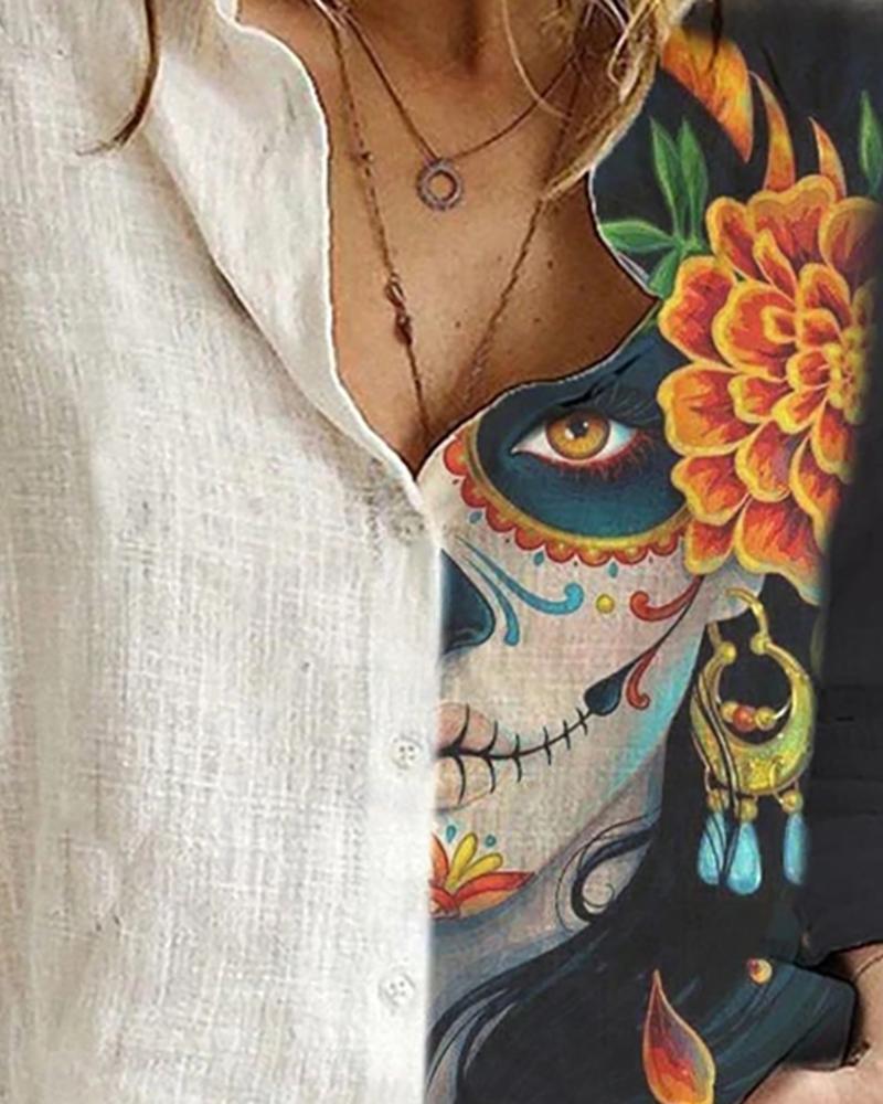 Women Casual Autumn Turn-down Collar Buttoned Skeleton Blouse Halloween Figure Print Colorblock Shirt 210225
