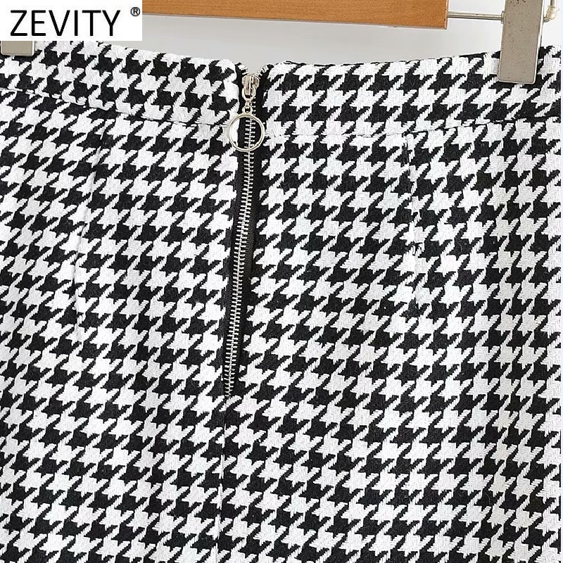 Zevity New Women Vintage Houndstooth Plaid Print Casual Slim Pencil Skirt Faldas Mujer Female Back Zipper Chic Vestidos QUN707 210309