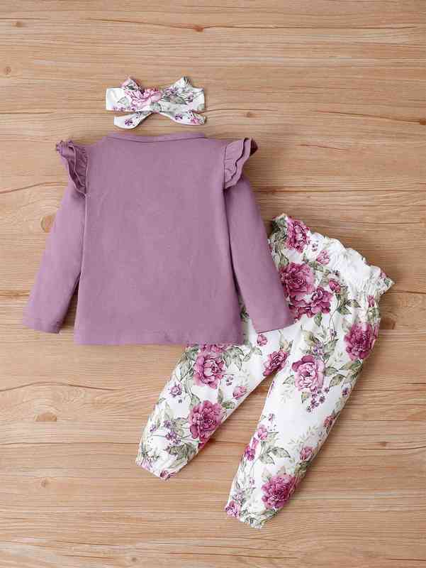 Baby Letter Graphic Tee & Floral Print Bow Front Pants With Headband SHE
