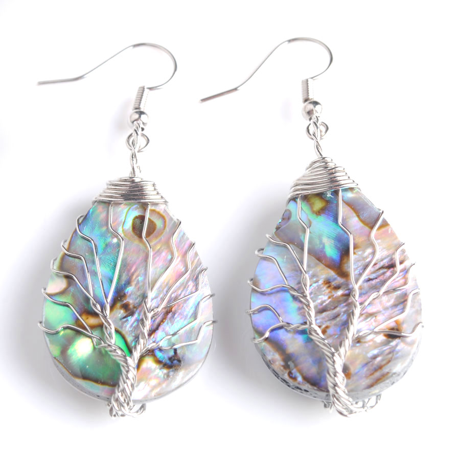WOJIAER Silver Color Tree of Life Dangle Drop Earrings Natural Abalone Shell Pearl Earring Water Drops Girls Charm Jewelry BV908