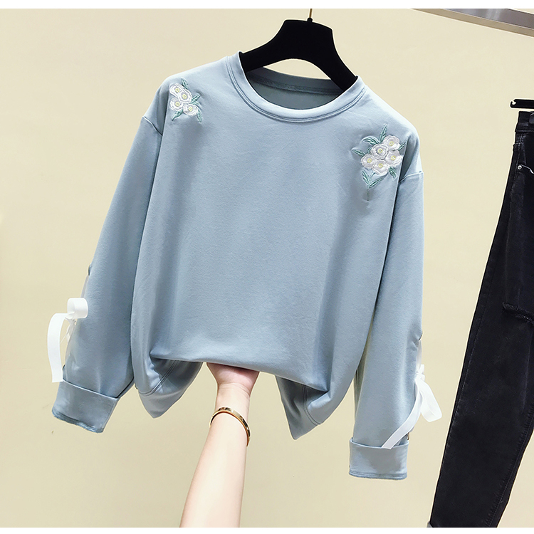 New hoodies sweet fresh and simple wild flowers embroidered cuffs long-sleeved women's sweatershirt pullover 201102