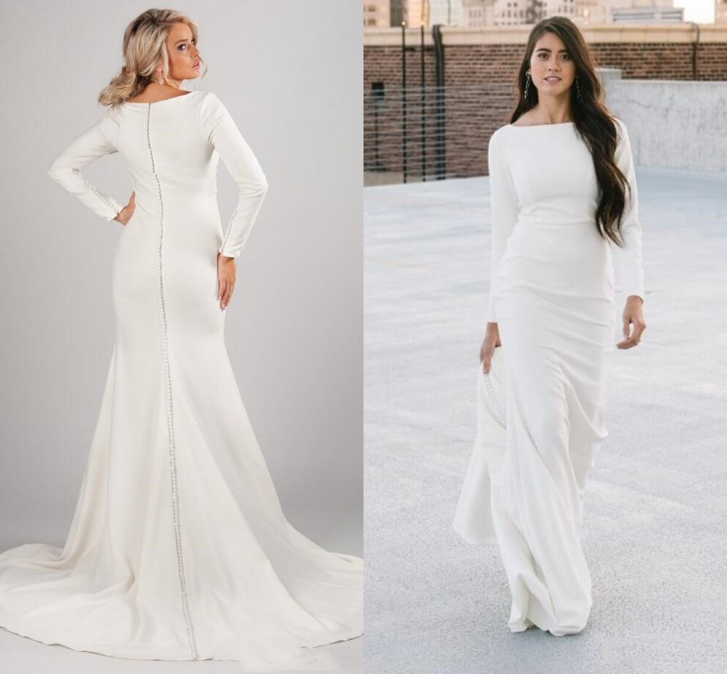 vintage Crepe Mermaid Wedding Dresses Modest Long Sleeves Boat Neck Buttons Back Simple Elegant LDS Bridal Gowns Religious Bride Gown