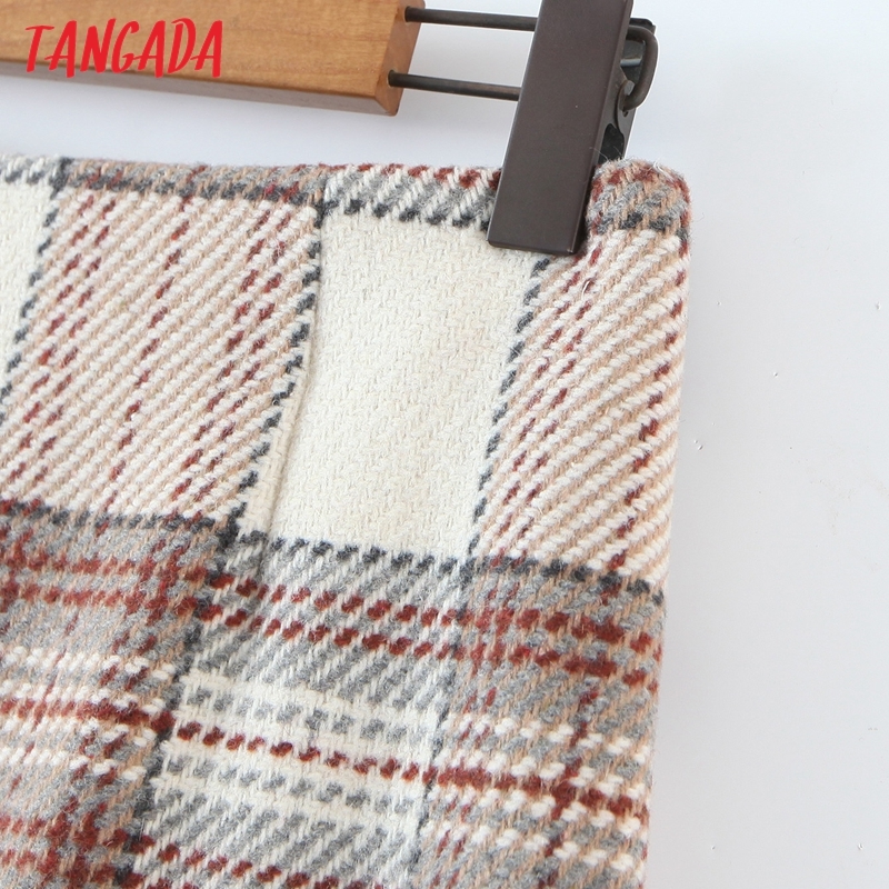 Tangada Autumn Winter Women Plaid Pattern Tweed Skirts Faldas Mujer Zipper Female Mini Skirt 8H14 210309
