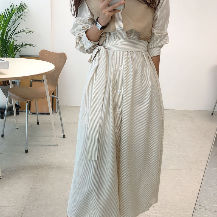 Single Breasted Long Sleeve Shirt Dress Spring Summer Patchwork Striped Large Size Dresses With Bandage Female 2D1747 210526
