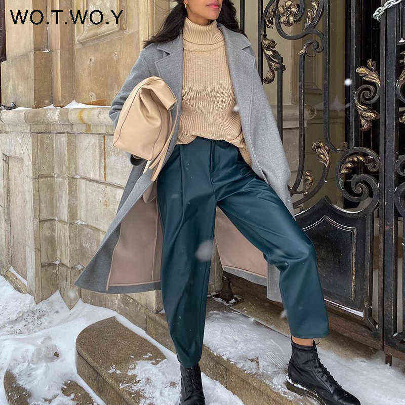 WOTWOY High Waist Loose Leather Pants Women Autumn Winter Fleece Zipper Fly Casual PU Trousers Female Solid 211115