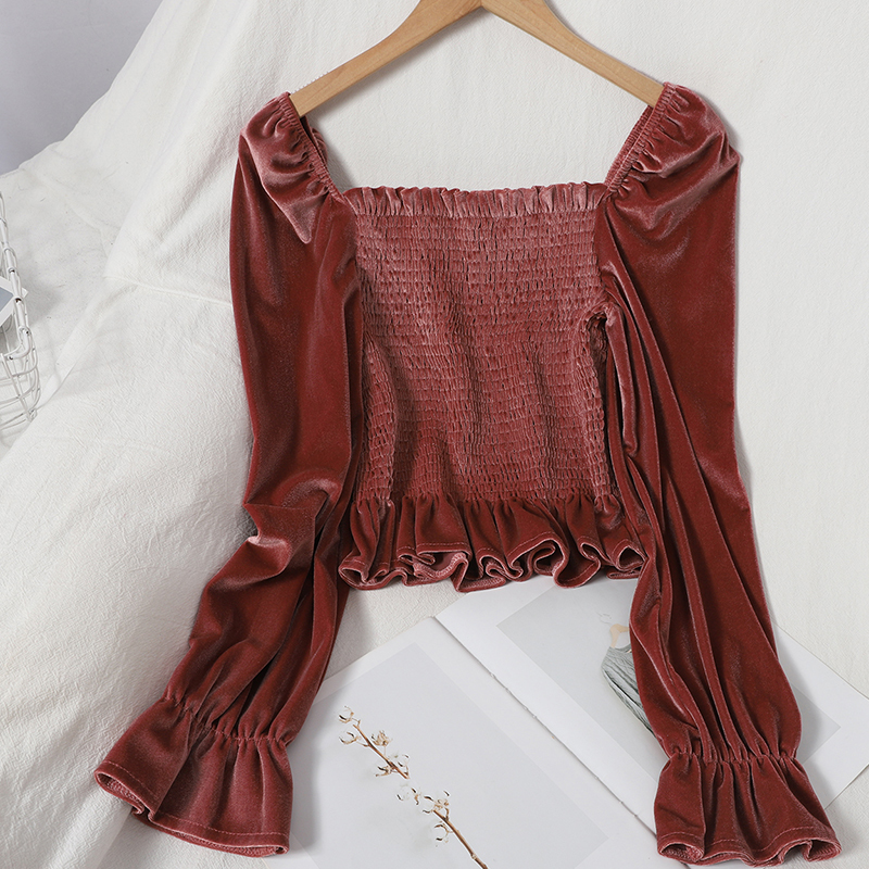 OCEANLOVE Korean Women Blouses and Tops Solid Sqaure Neck Vintage Short Shirts Elegant Autumn Velour Blusas Slim Ruffles 18434 210225