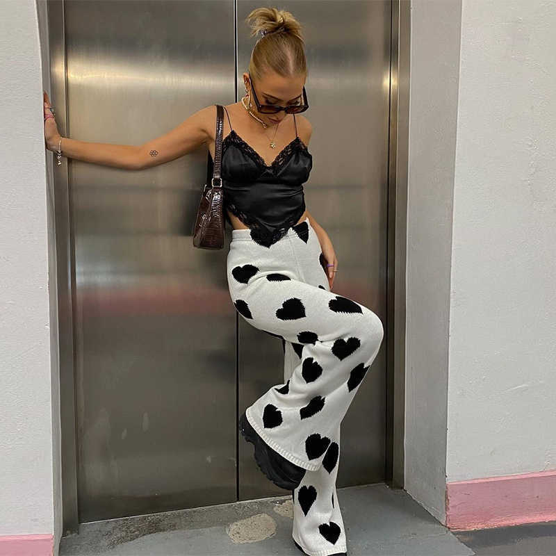 Rapwriter Black Heart Printed Knitted Oversized Wide Leg Pants Women High Waist Baggy Sweatpants White Trouser Streetwear 211115
