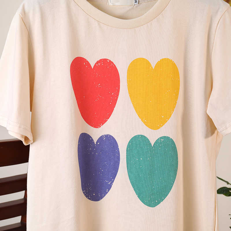 Heart Organic Cotton T shirt Women Short Sleeve O neck Beige Boho Casual Shirts Tops Summer Vintage Printed Tees tshirt X0628