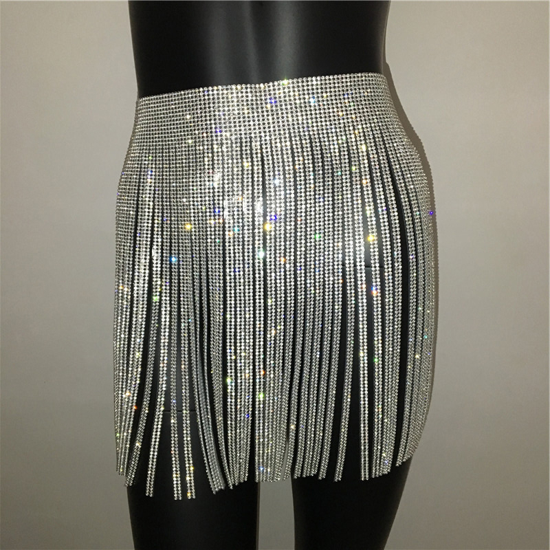 AKYZO Europe Exaggerate Rhinestone Tassel Skirt Women A Line Sexy Metal Handmade Shining NightClub Lady Beach Mini Skirts 210310