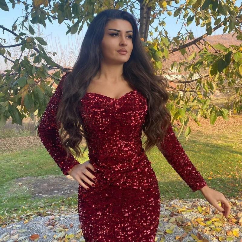 Glitter Burgundy Sequined Mermaid Evening Dresses Long Sleeve Sweetheart Spring Autumn 2021 Prom Party Gowns Women Celebrity Formal Occasion