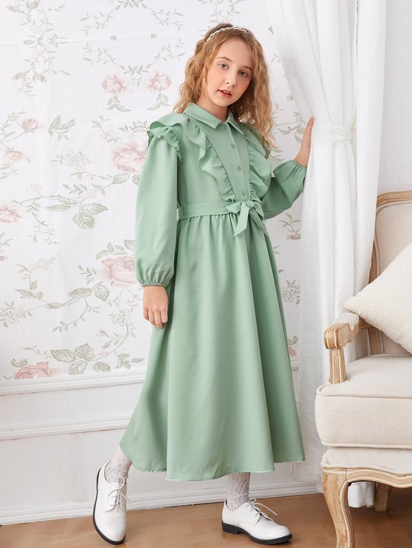 Girls Bishop Sleeve Ruffle Trim Belted Dress SHE