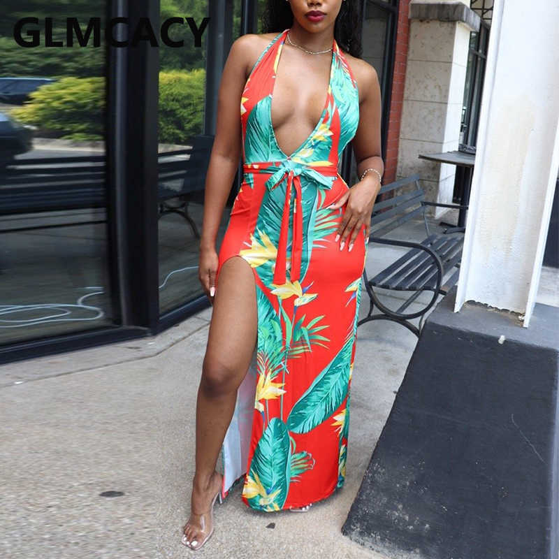 Tropical Printed Summer Beach Dress Halter V Neck Backless Party Dress 210702