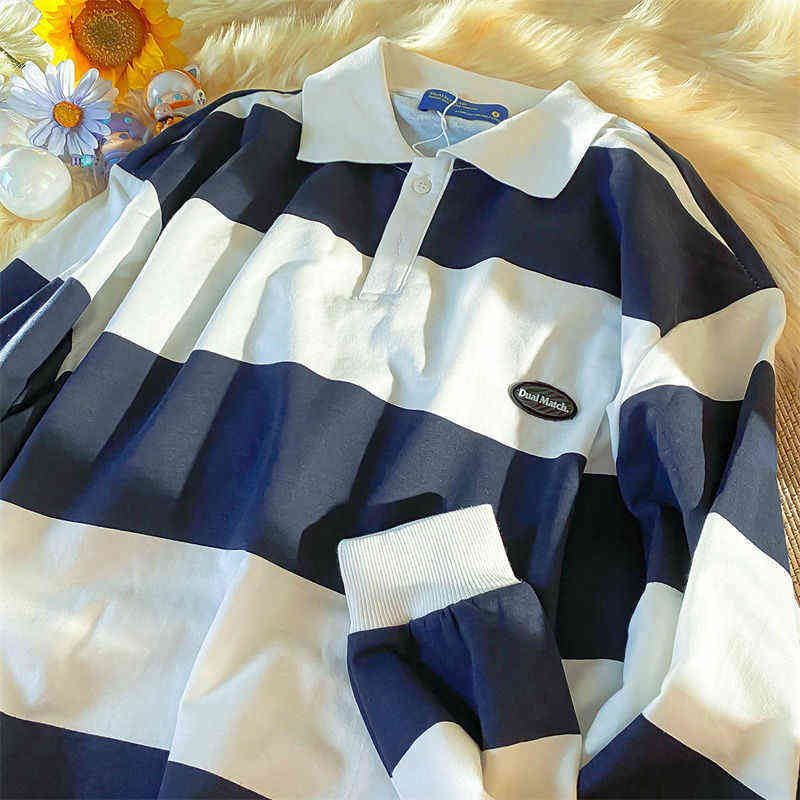 Vintage Green Striped POLO Shirts Sweatshirt Women Harajuku Hip Hop Long Sleeve Tops Casual Teens Clothes Japanese Fashion 211109